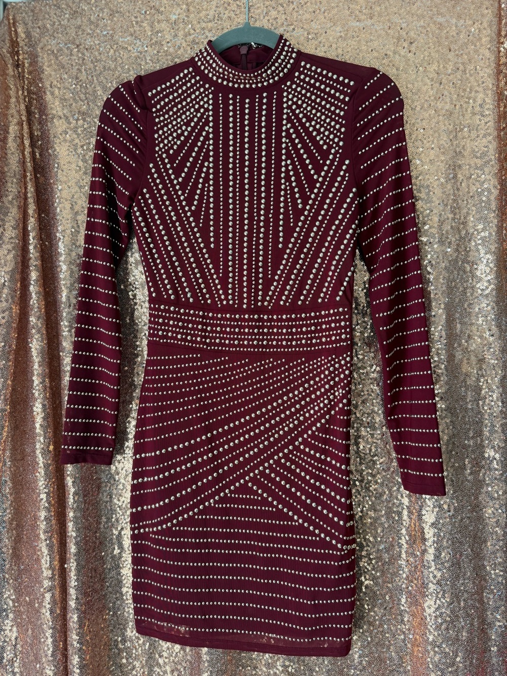 MARCIANO Women’s Studded Long-Sleeve Burgundy Bodycon Dress